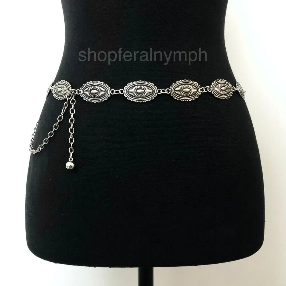 Vintage Y2K Western Silver Concho Chain Belt, Fits 16–39.5 Inches, X7GA1222